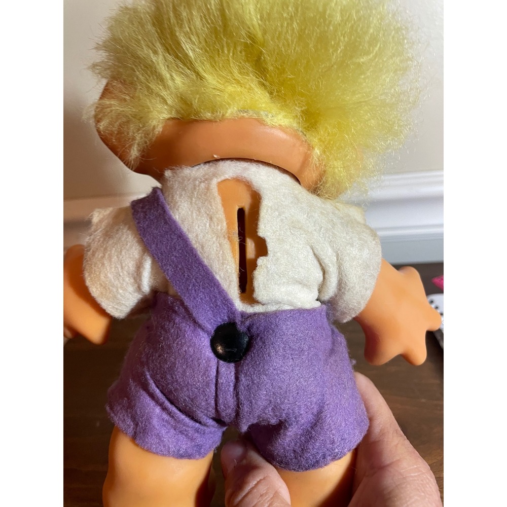 Vintage Troll Doll Yellow Hair Green Eyes Purple Overalls Collectible coin bank - Picture 9 of 10